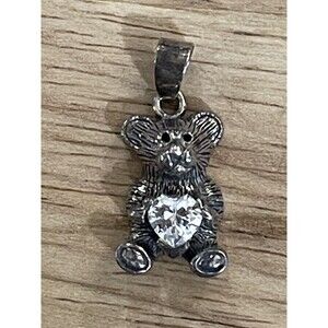 Sterling Silver 925 Teddy Bear w  Heart Crystal CZ Pendant Or Charm Normcore